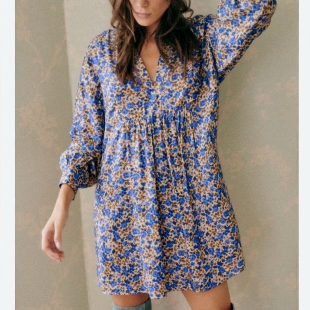 Sezane Blue Floral V-Neck Mini Dress Size 34